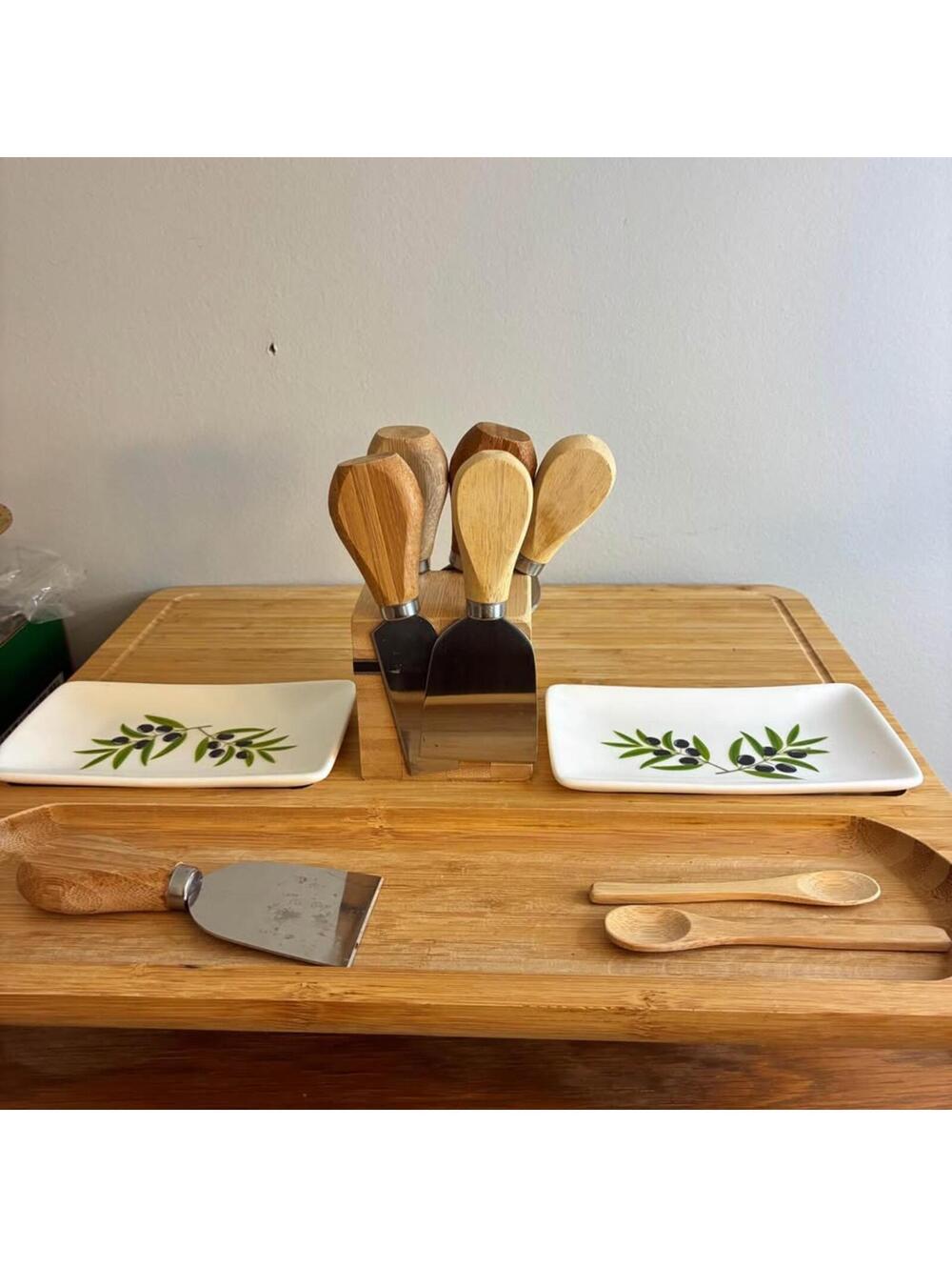 Bamboo Cheese Board Serving Tray Set Olive Dish Cheese Knives Appetizer Plates